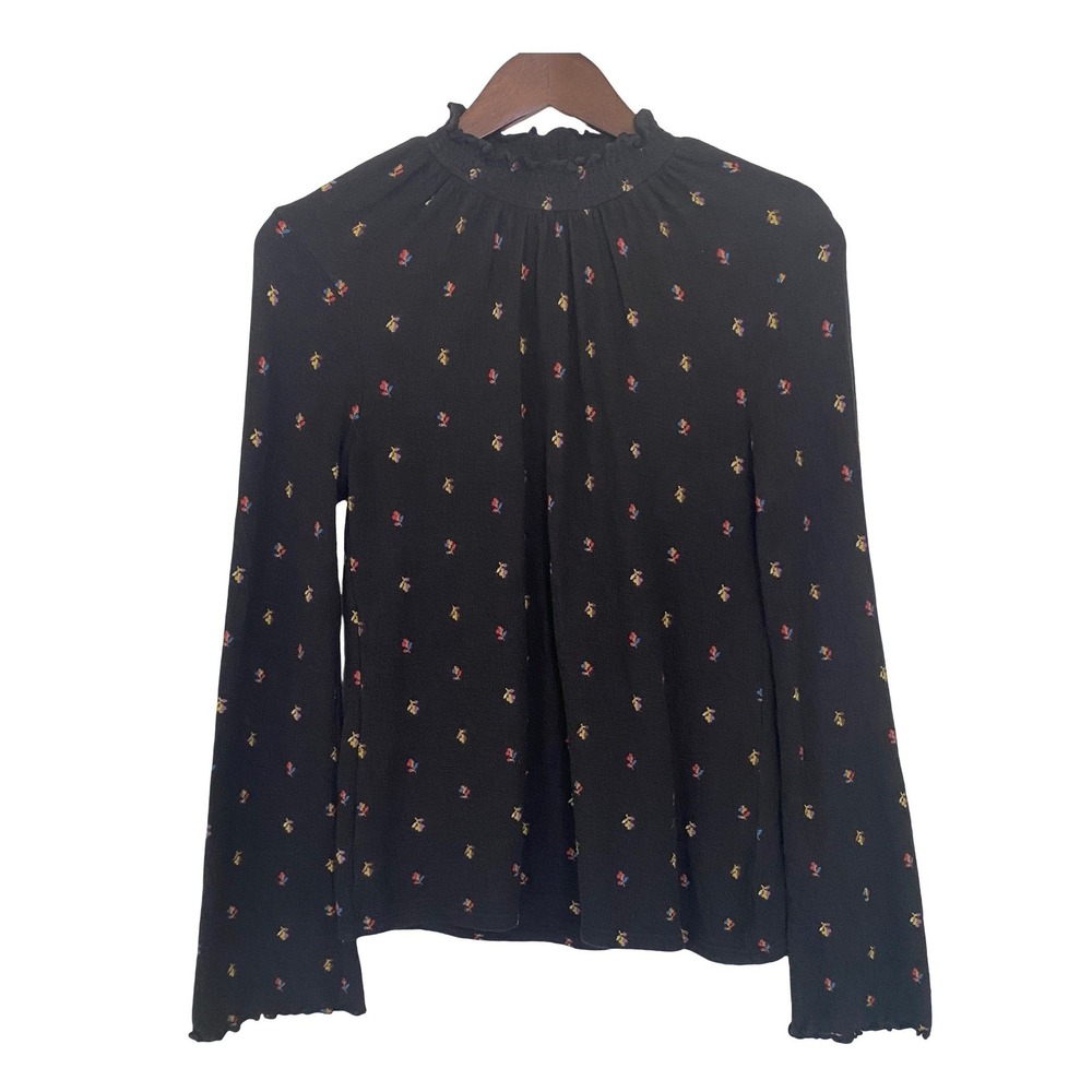 Madewell Texture & Thread Women Top S Black Floral Smocked Mockneck Long Sleeve
